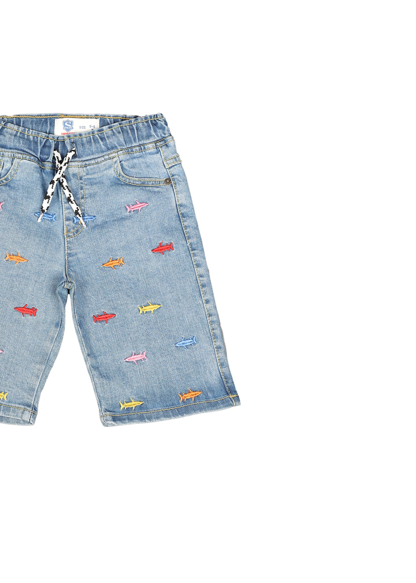 Elastic Waist Embroidered Denim Short