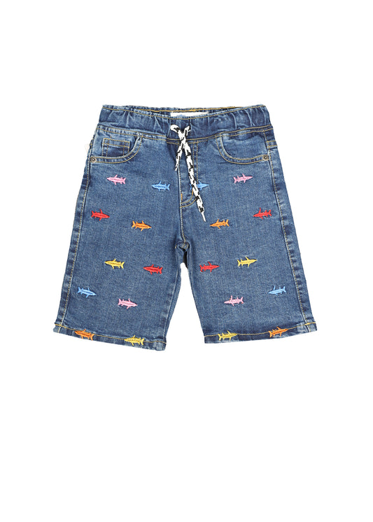 Elastic Waist Embroidered Denim Short