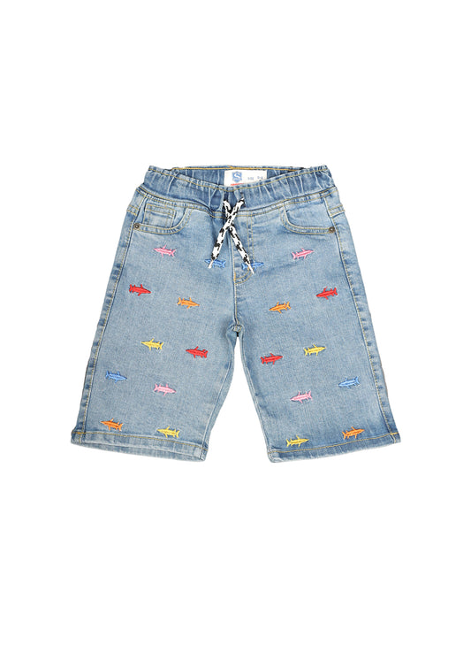 Elastic Waist Embroidered Denim Short