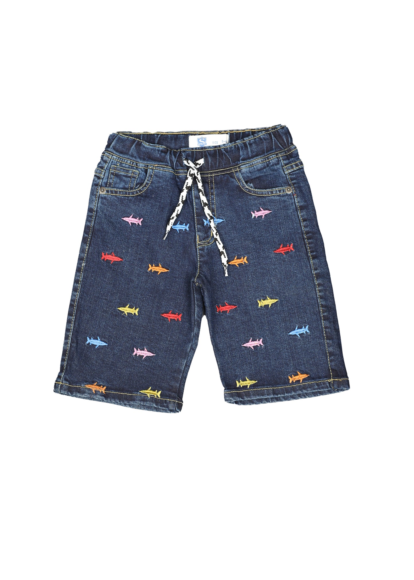 Elastic Waist Embroidered Denim Short