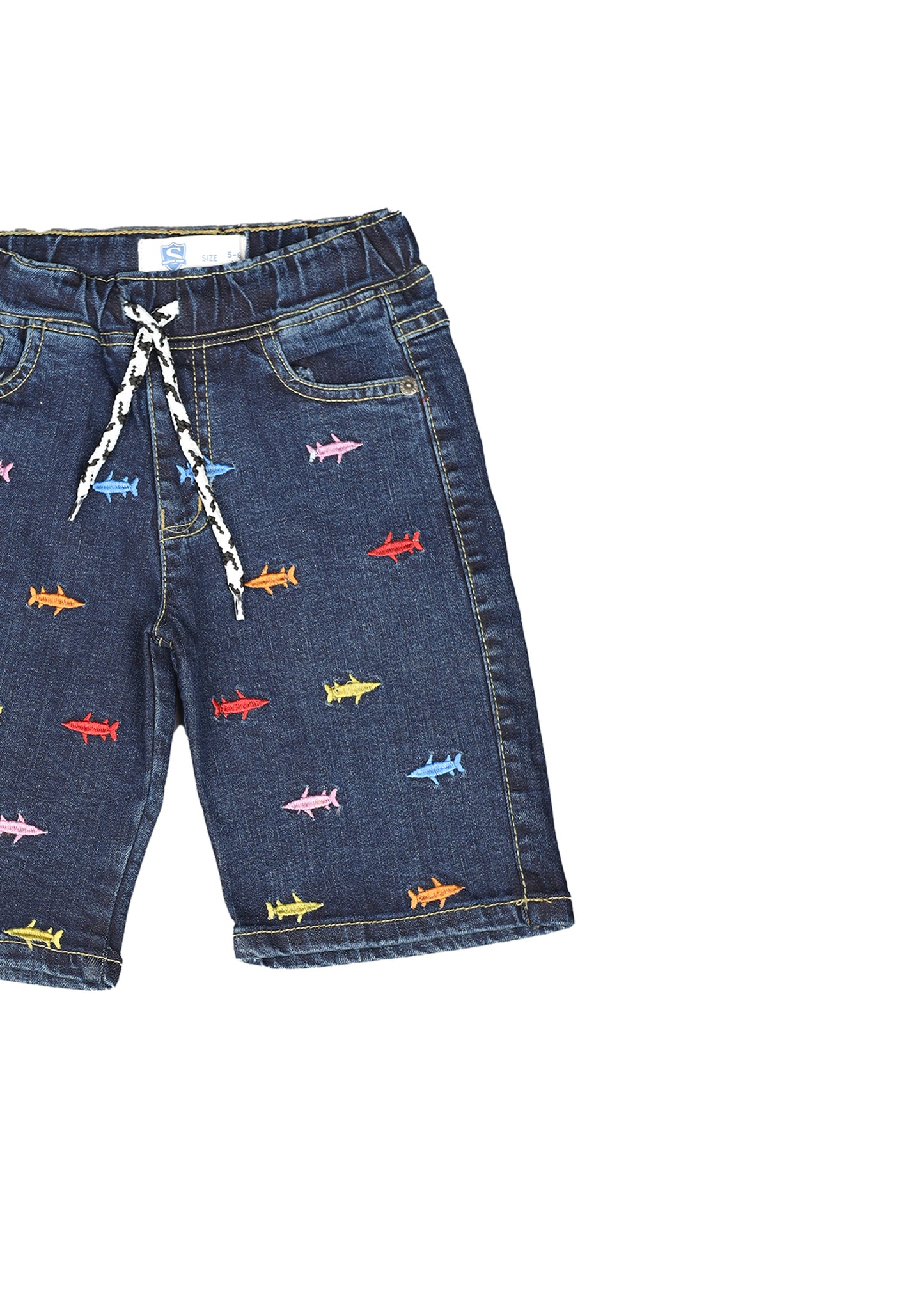 Elastic Waist Embroidered Denim Short