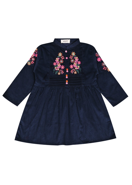 Corduroy Blue Embroidered Frock